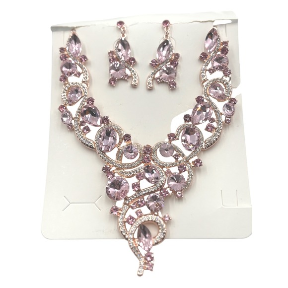 90s Pink Rhinestone Necklace Earring Set Rose Gold Formal Wedding Bridal Jewelry - Picture 1 of 7